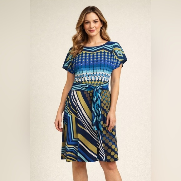 Donna Morgan Dresses & Skirts - Donna Morgan Blue and Green Geometric Midi Dress Size 6 NWT